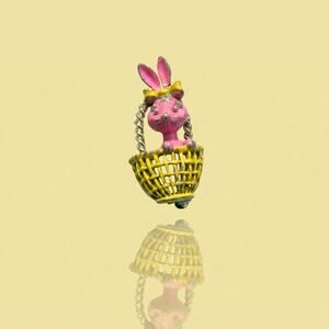 Vintage Hand-Painted Enamel Bunny in Basket Brooch | Easter Pink Rabbit Pin